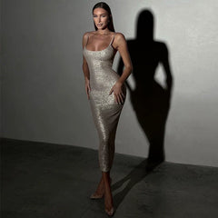 Wcoumq | Sequin U-Neck Backless Suspender Maxi Dress with Slim Waist Fit