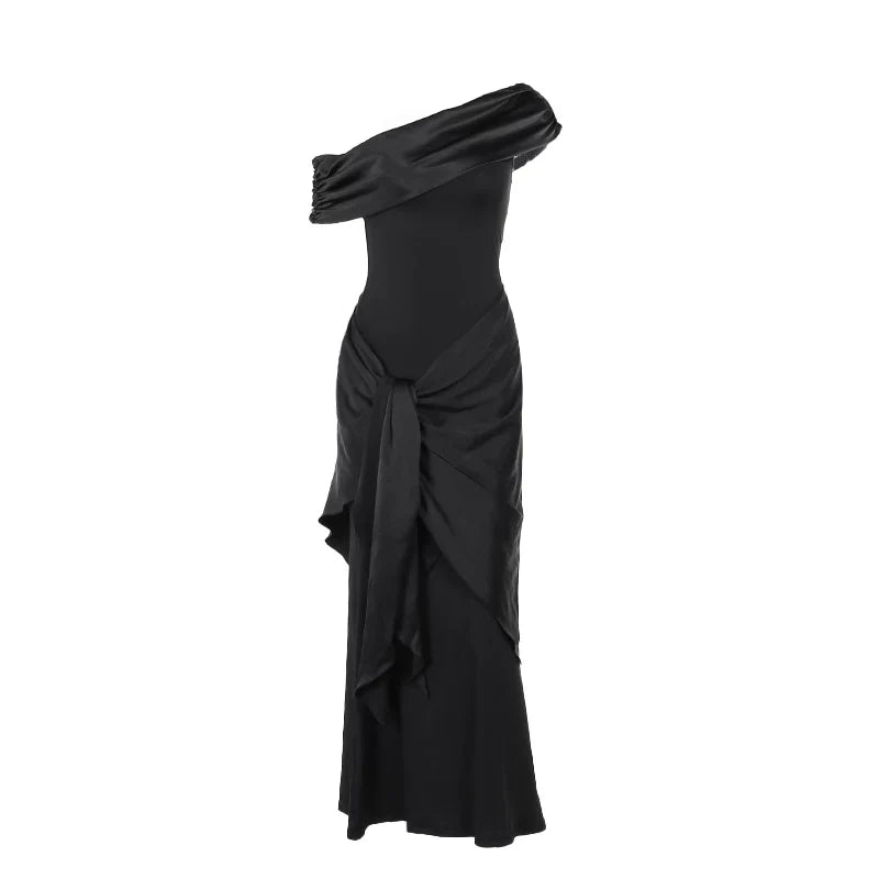 Wcoumq | One-Shoulder Black Maxi Dress with Slim-Fit and Elegant Streamer Design