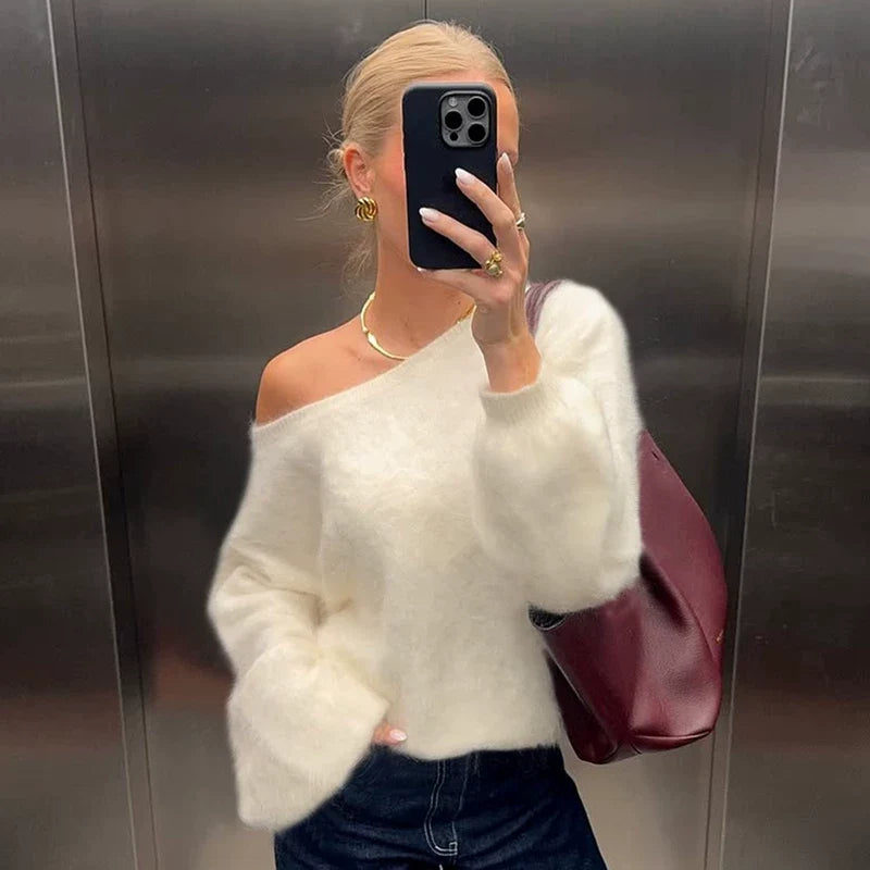 Wcoumq | Solid Color Slanted Shoulder Long-Sleeve Sweater for Women – Autumn & Winter Hot Girl Loose Slim Fit Versatile Top