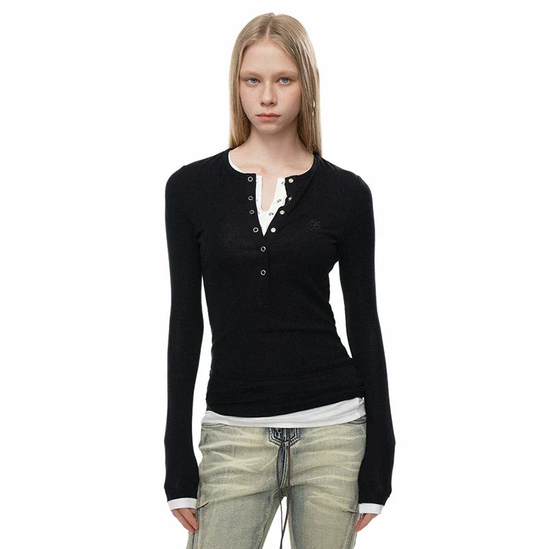Wcoumq | Faux Two-Piece Embroidered Long Sleeve Henley Top for Autumn and Winter