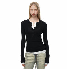 Wcoumq | Faux Two-Piece Embroidered Long Sleeve Henley Top for Autumn and Winter