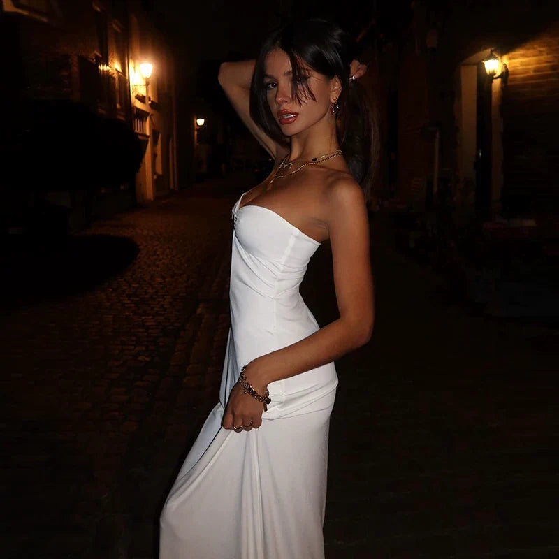 Wcoumq | Shell Buckle Tube Top Maxi Dress with Hollow Design and Slim Hip Fit