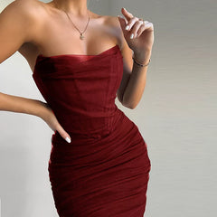Wcoumq | Tube Top Mesh Dress with Fishbone Waist and Pleated Mid-Length Skirt