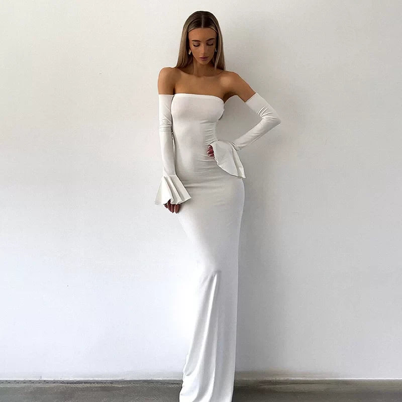 Wcoumq | One-Shoulder Tube Top Fishtail Maxi Dress with Bell Sleeves and Hip-Flattering Design