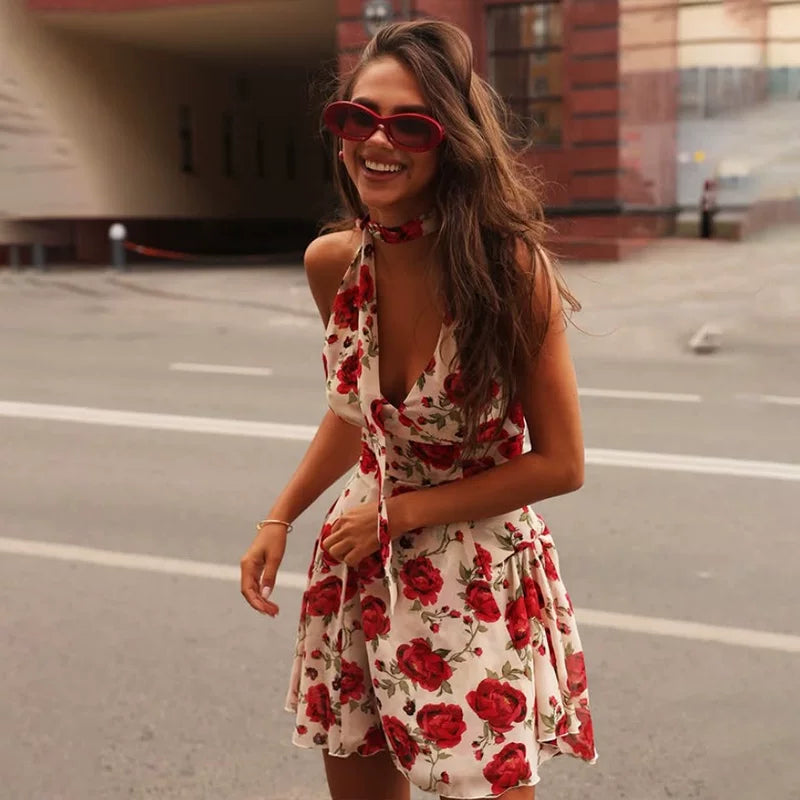 Wcoumq | Printed Halter Neck Backless Dress with Waist Ribbon for Summer Holidays
