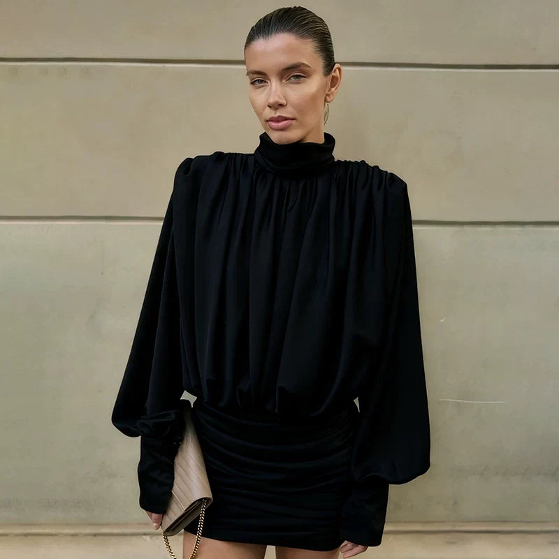 Wcoumq | French Retro Long-Sleeve Dress with Draped Pleats and Stand-Up Collar for Autumn