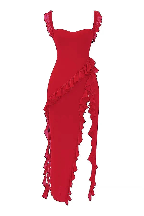 Wcoumq | Square Neck Backless Maxi Dress with High Slit and Ruffle Detail