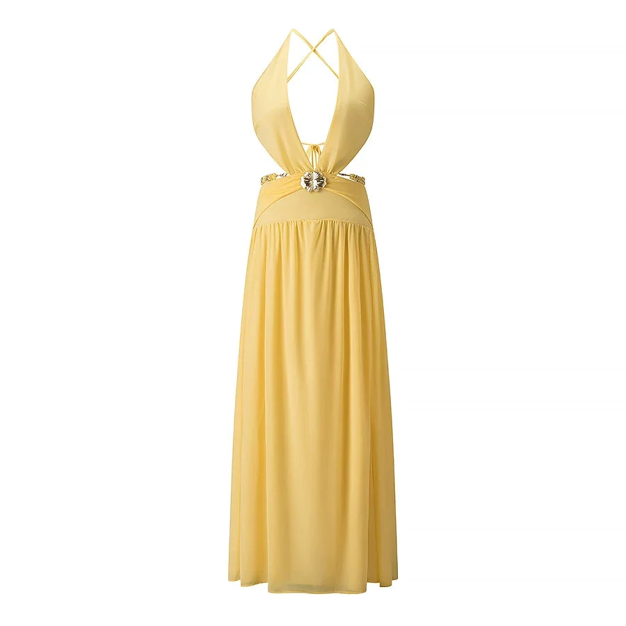 Wcoumq | Deep V Backless Halter Maxi Dress with Side Slit and Metal Accents