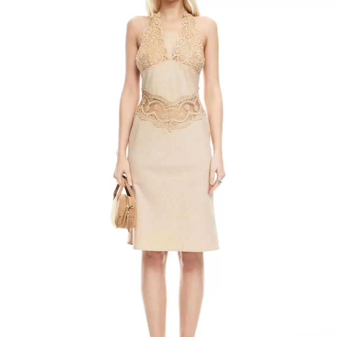 Wcoumq | Deep V Halter Neck Lace Splicing Maxi Dress with Slim Waist
