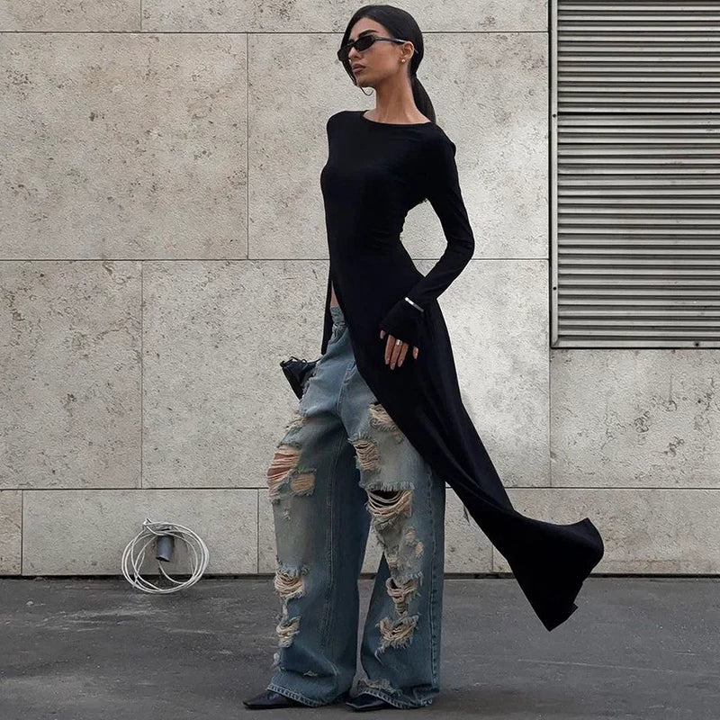 Wcoumq | Slit Design Long-Sleeve Mid-Length Top for Women – Trendy Gusty Street Fashion Hot Girl Style Irregular T-Shirt