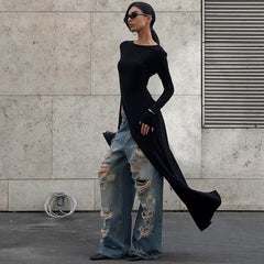 Wcoumq | Slit Design Long-Sleeve Mid-Length Top for Women – Trendy Gusty Street Fashion Hot Girl Style Irregular T-Shirt