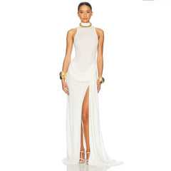 Wcoumq | High-Slit Pleated Maxi Dress with Sleeveless and Waist-Enhancing Design