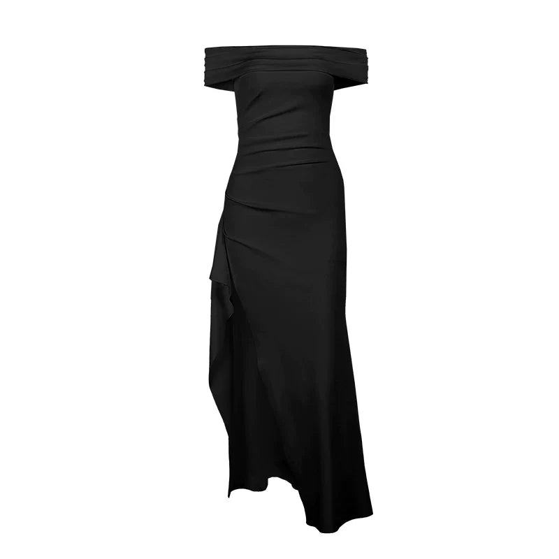 Wcoumq | Black One-Shoulder Backless Maxi Dress with Slim-Fit and Side Slit
