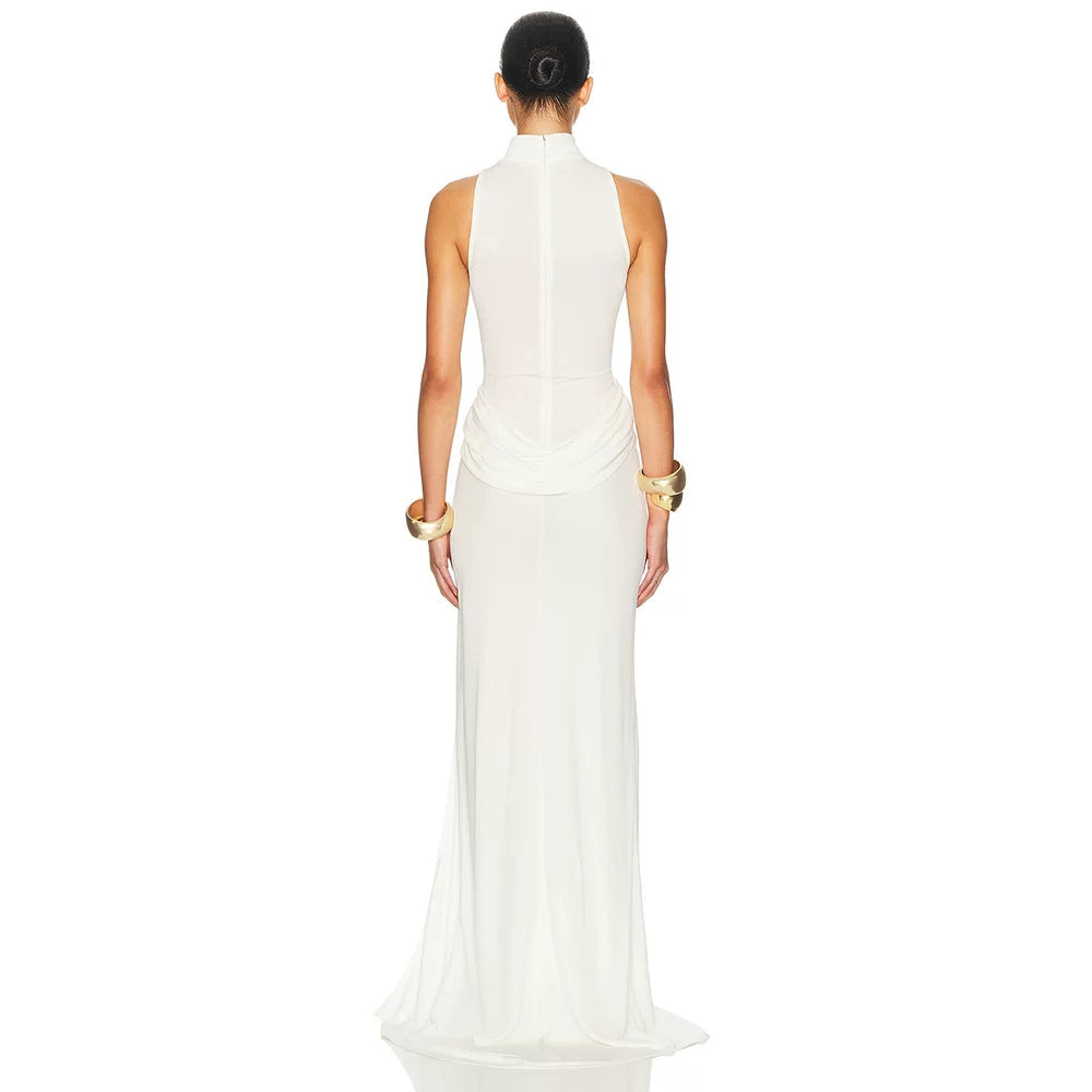 Wcoumq | Milk-Color Sleeveless Stand Collar Maxi Dress with Pleated Waist and Side Slit