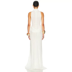 Wcoumq | Milk-Color Sleeveless Stand Collar Maxi Dress with Pleated Waist and Side Slit