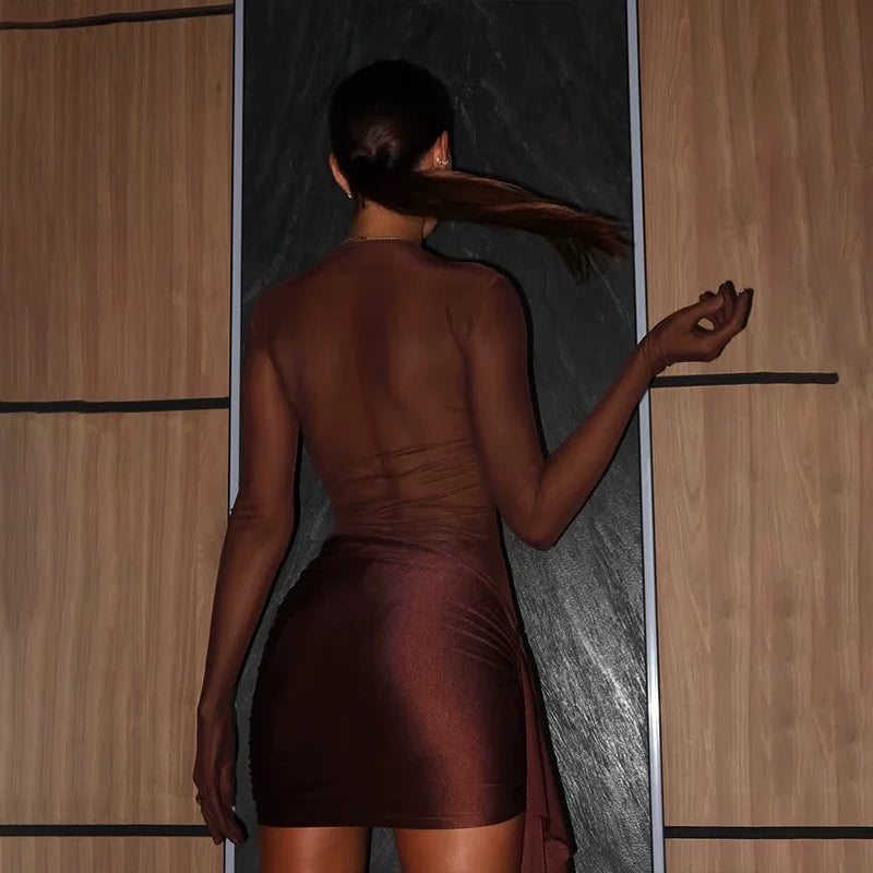 Wcoumq | Mesh-Spliced Slim-Fit Long-Sleeve Dress with Hip Slit