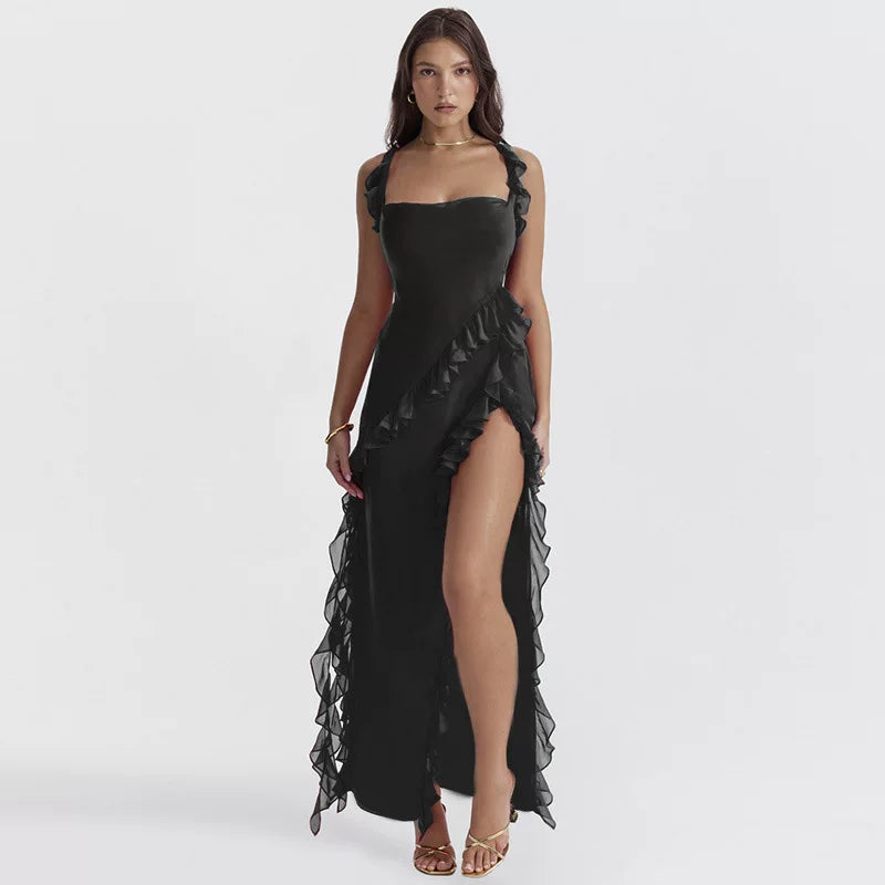 Wcoumq | Square Neck Backless Maxi Dress with High Slit and Ruffle Detail