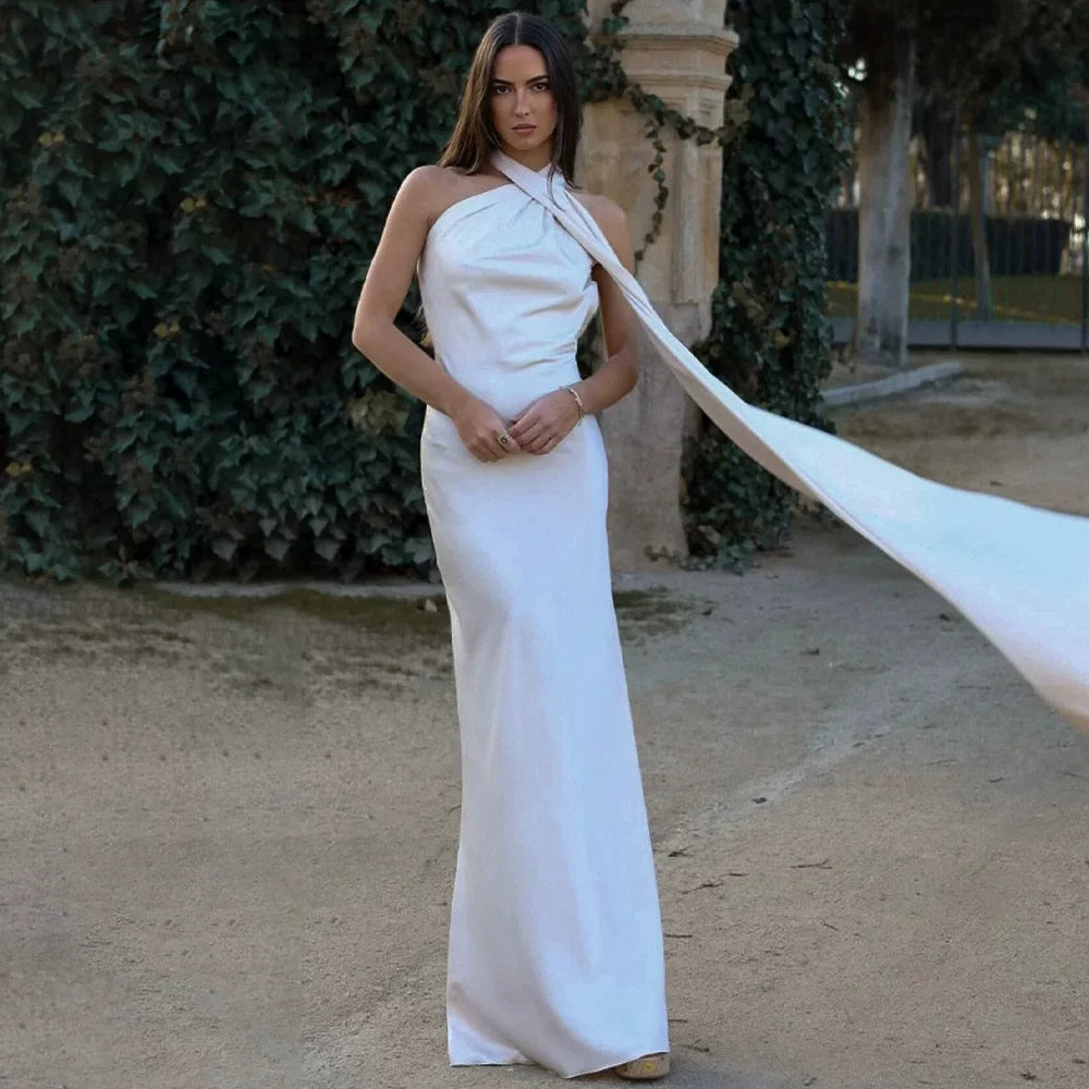 Wcoumq | Elegant Satin Floor-Length Dress with Neck Streamers and Backless Design