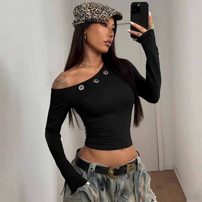 Wcoumq | Eyelet Design Slanted Shoulder Long-Sleeve Top for Women – Trendy Autumn & Winter Street Fashion Hot Girl Style