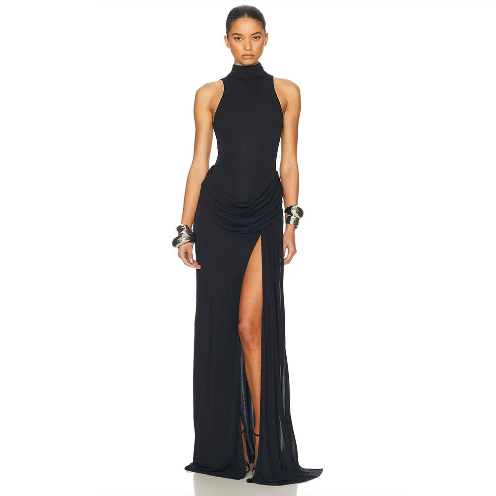 Wcoumq | High-Slit Pleated Maxi Dress with Sleeveless and Waist-Enhancing Design
