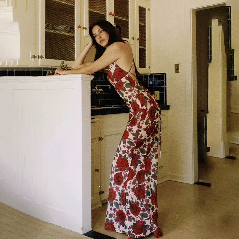 Wcoumq | Summer Sling Maxi Dress with Rose Print and Backless Vacation Style