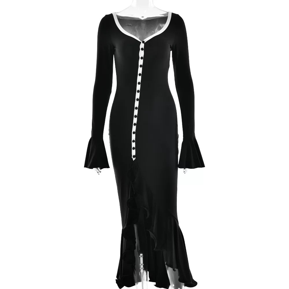 Wcoumq | Long-Sleeve Slim Dress with Ruffled Cuffs and Side Slits for Spring and Autumn