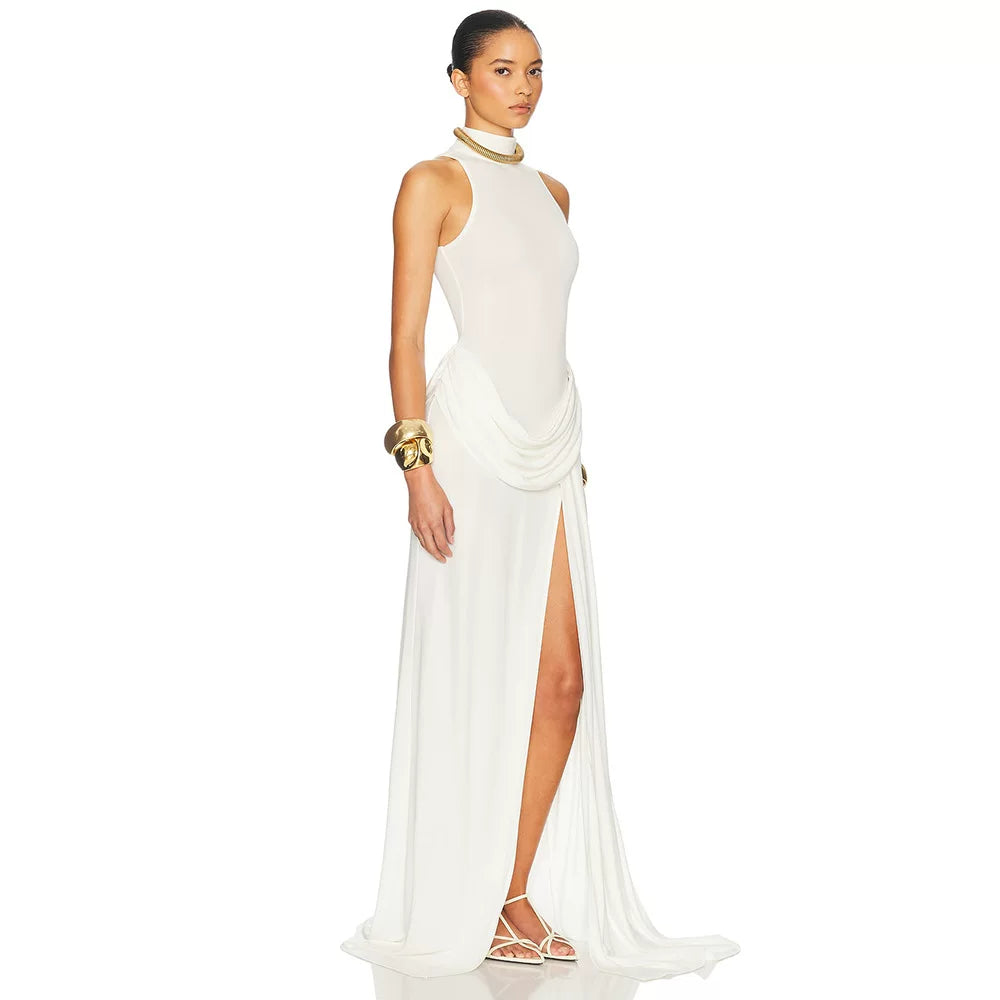 Wcoumq | High-Slit Pleated Maxi Dress with Sleeveless and Waist-Enhancing Design