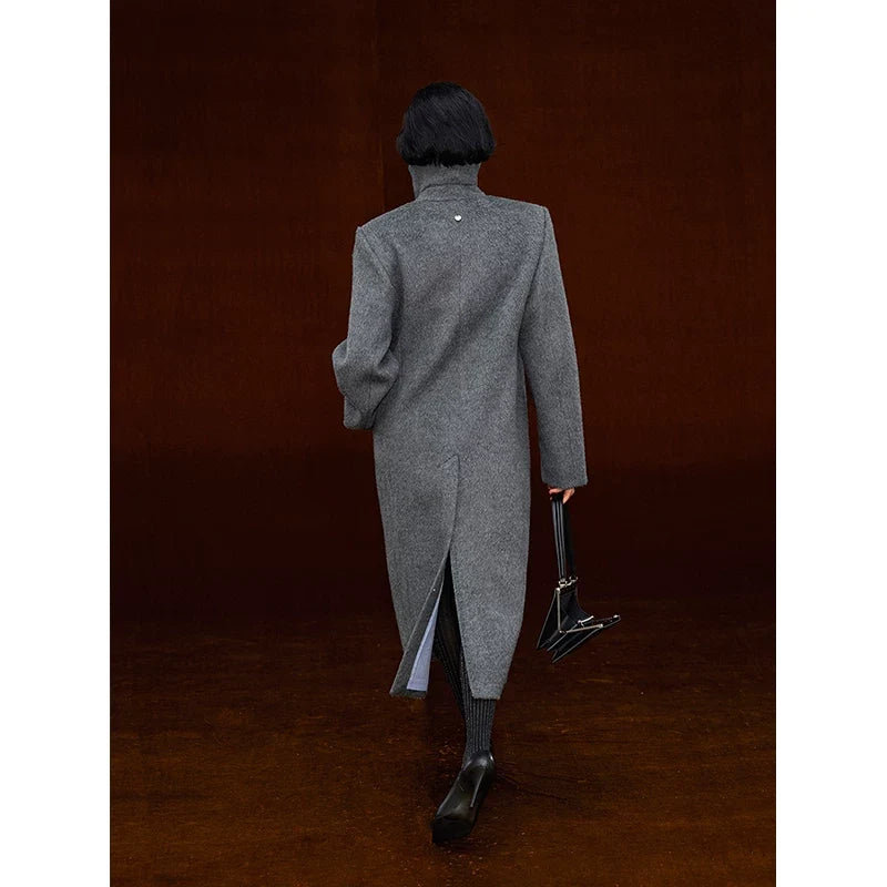 Wcoumq | Retro High Stand-Up Collar Lapel Shoulder H-Shaped Wool Coat for Women – Timeless Tailored Outerwear