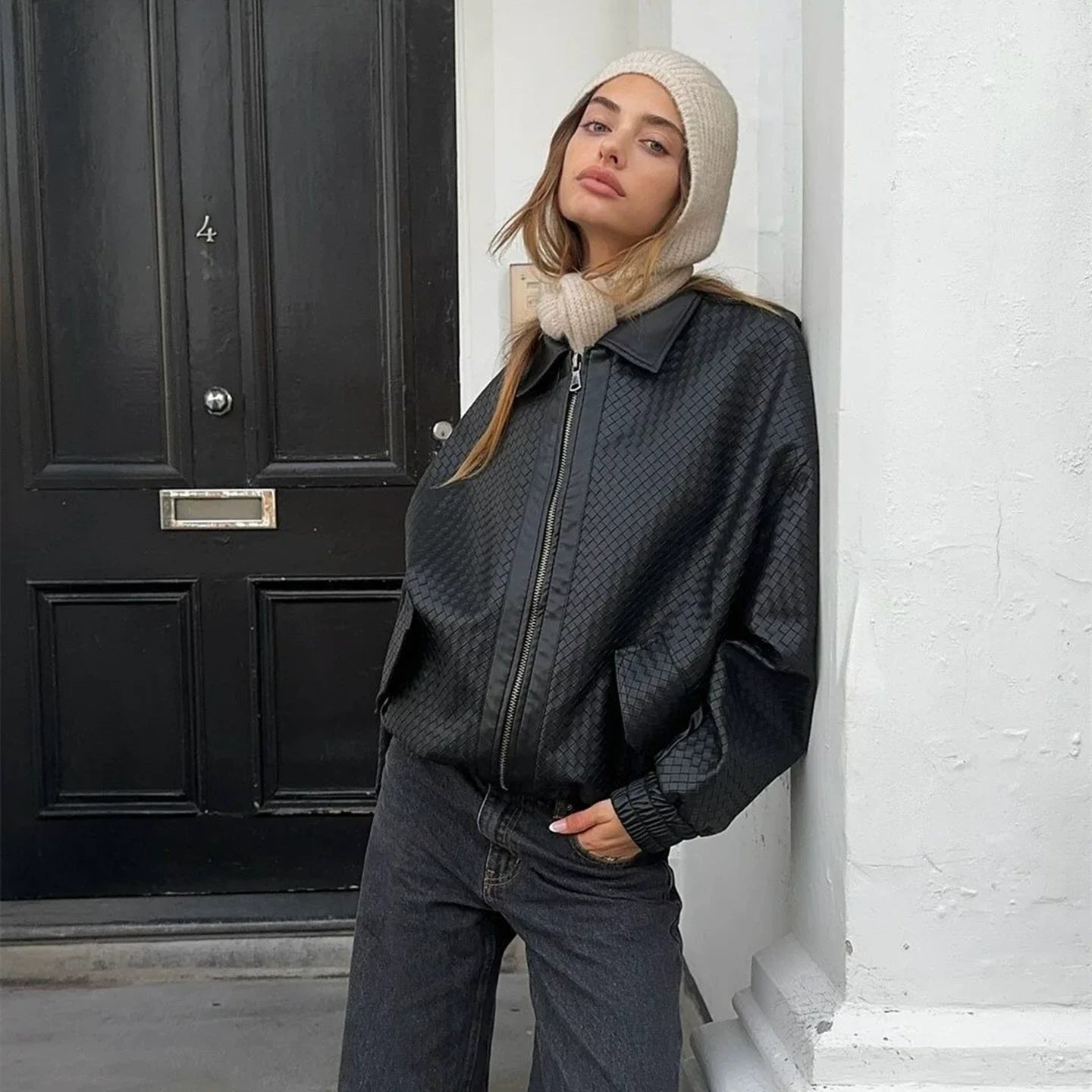 Wcoumq | Retro Woven PU Leather Zipper Lapel Jacket for Women – American Street Hot Girl Style Autumn & Winter Fashion