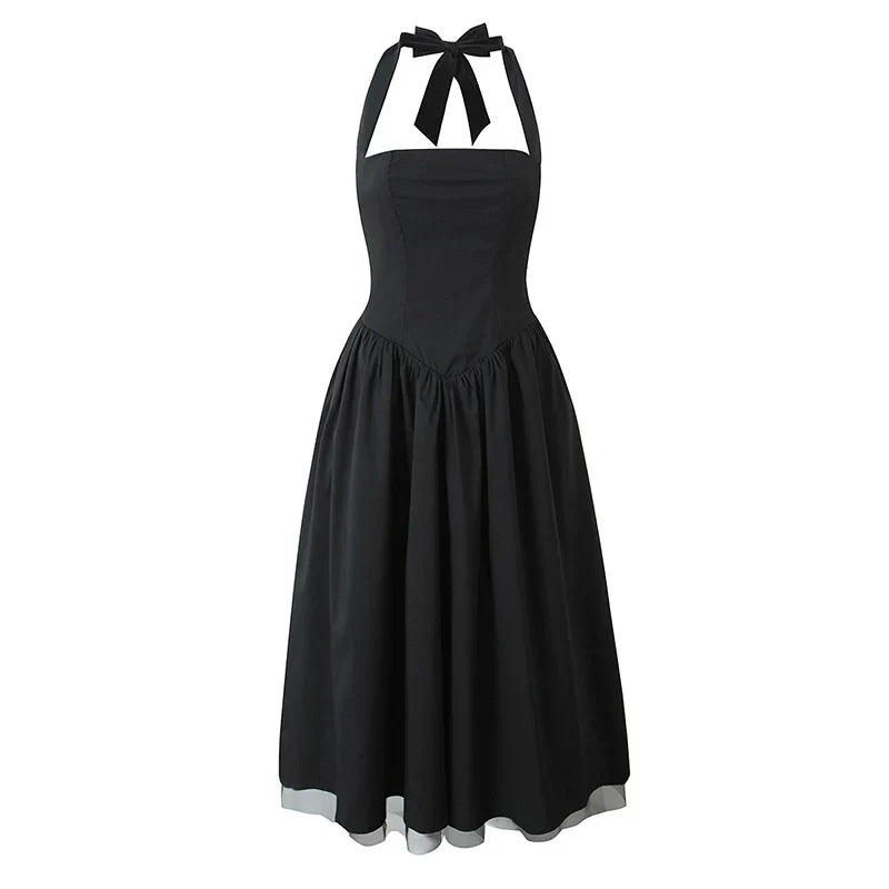 Wcoumq | White Mesh Halter Dress with Slim Waist for Resort and Mid-Length Elegance