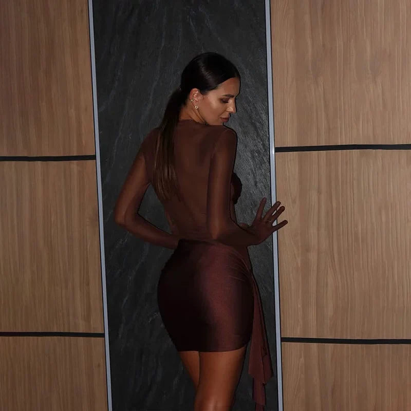 Wcoumq | Mesh-Spliced Slim-Fit Long-Sleeve Dress with Hip Slit