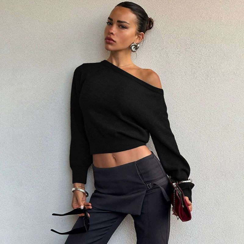 Wcoumq | Slanted Shoulder Long-Sleeve Sweater for Women – Fashionable and Simple Casual Autumn Woolen Top, 2025 Hot Girl Trendy Design