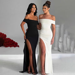 Wcoumq | Black One-Shoulder Backless Maxi Dress with Slim-Fit and Side Slit