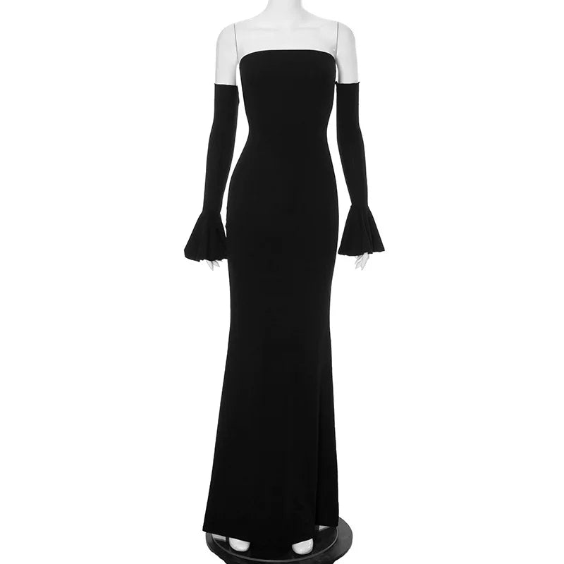Wcoumq | One-Shoulder Tube Top Fishtail Maxi Dress with Bell Sleeves and Hip-Flattering Design