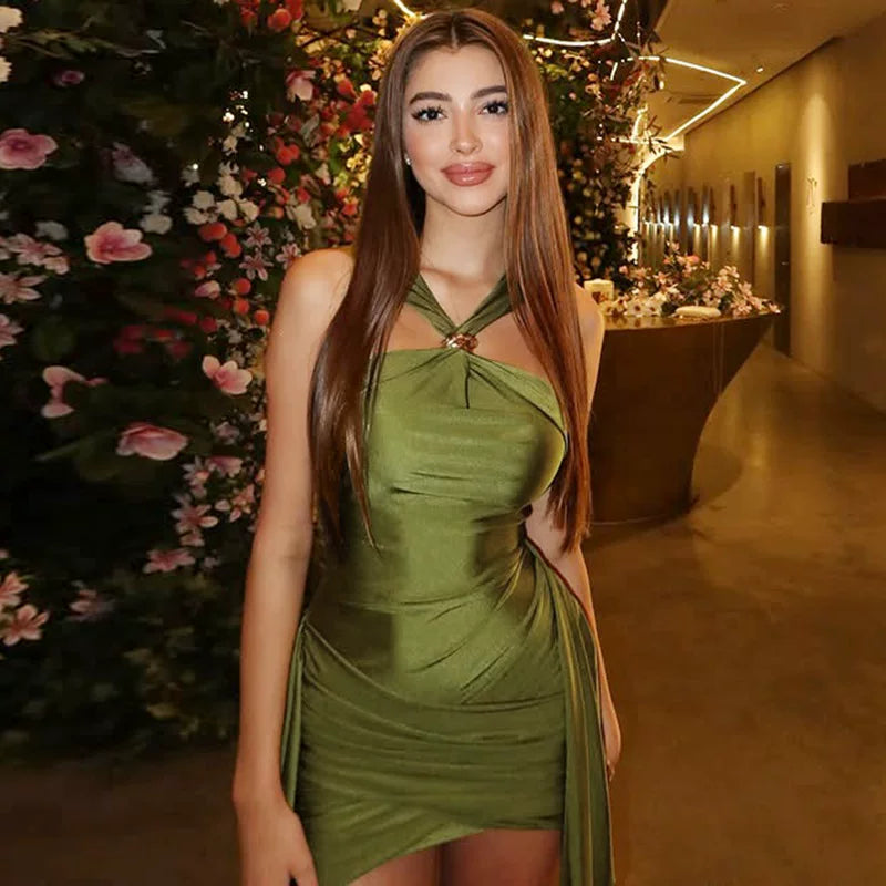 Wcoumq | Halter Neck Tube Top Mini Dress with Pleated Ribbon Waist Design