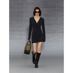 Wcoumq | V-Neck Pleated Piled Velvet Hip-Hugging Knitted Skirt – Elegant Women’s Fitted Skirt for Formal & Casual Wear