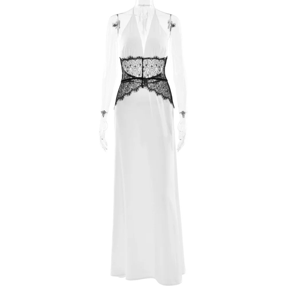Wcoumq | Satin Halter Neck Deep V Long Dress with Spliced Waist for Spring & Summer