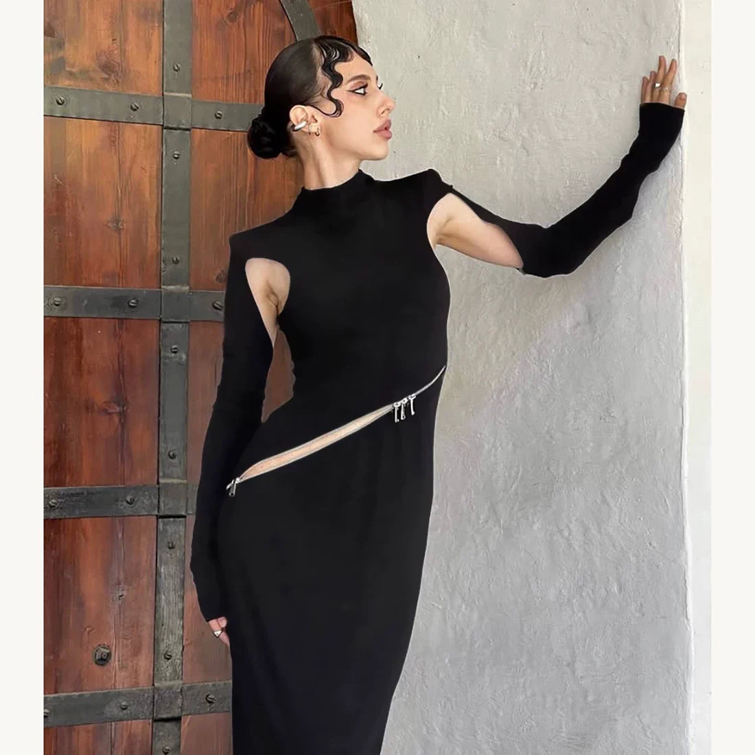 Wcoumq | Futuristic Zipper Hollow Long-Sleeve Slim Maxi Dress
