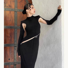 Wcoumq | Futuristic Zipper Hollow Long-Sleeve Slim Maxi Dress