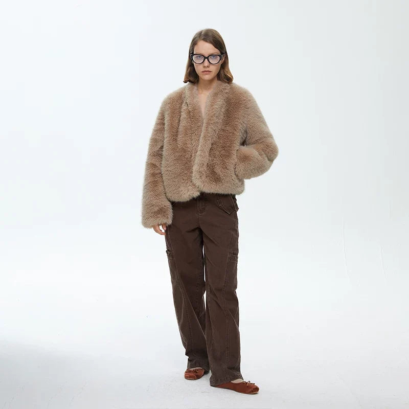 Wcoumq | Short Fur Jacket with Stand Collar – Textured Women’s Autumn & Winter One-Piece Outerwear