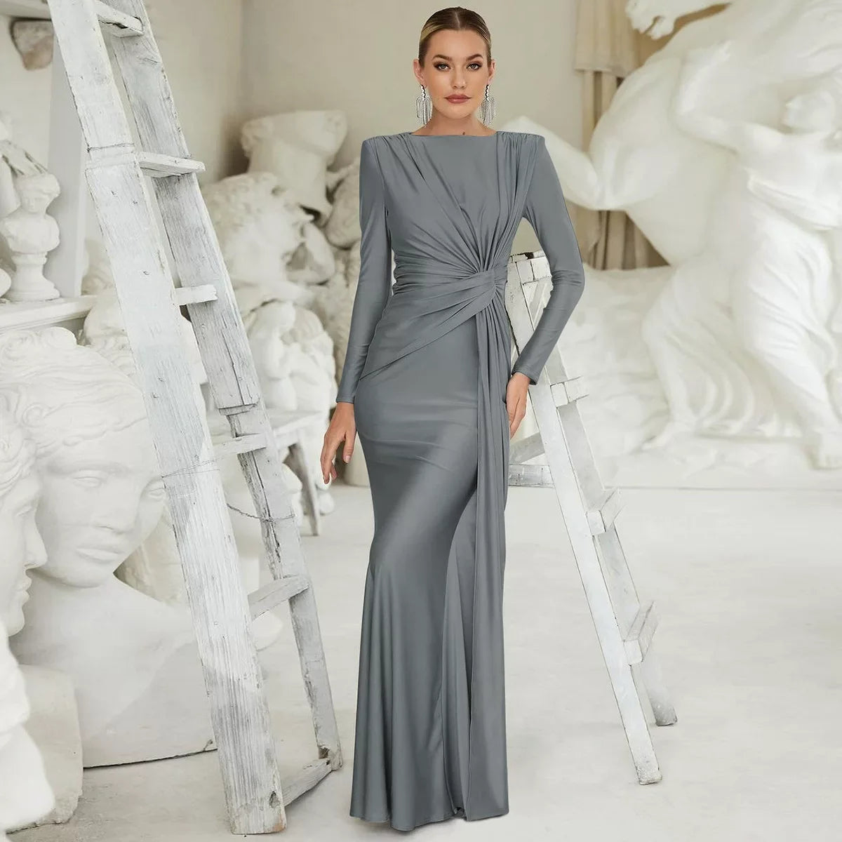 Wcoumq | Pleated Slim Fit Long-Sleeve Evening Dress with Round Neck for Women
