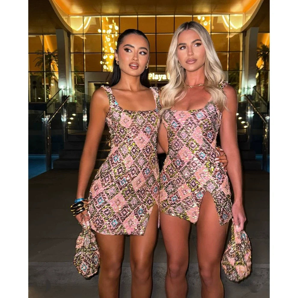 Wcoumq | Colorful Floral Rhombus Sequin Dress with Side Slit and Hip-Covering Design