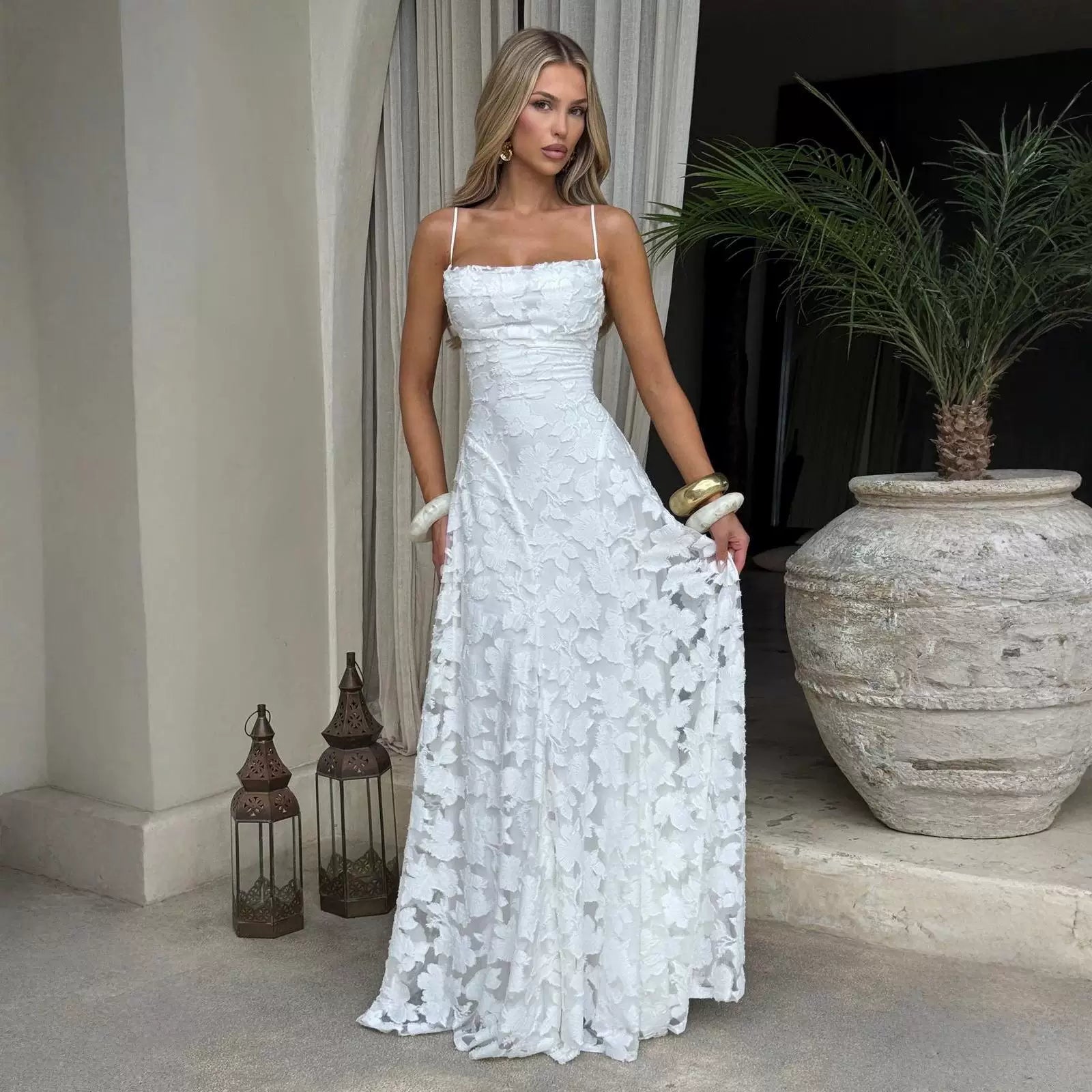Wcoumq | Jacquard Floor-Length Square Neck Dress with Backless Straps and Slim Waist Design