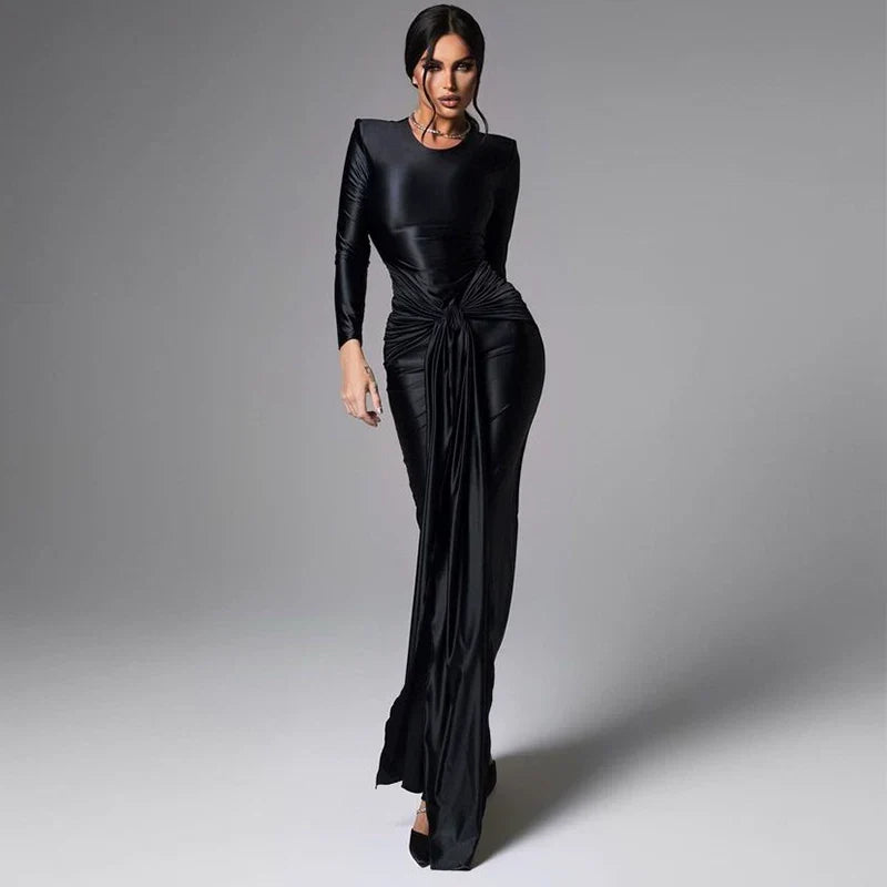 Wcoumq | Satin Long-Sleeve Dress with Waist Strap for Elegant Winter Fashion