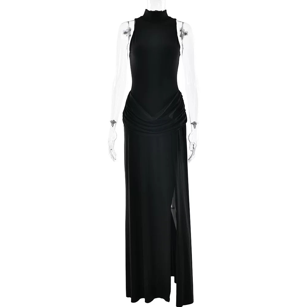Wcoumq | High-Slit Pleated Maxi Dress with Sleeveless and Waist-Enhancing Design