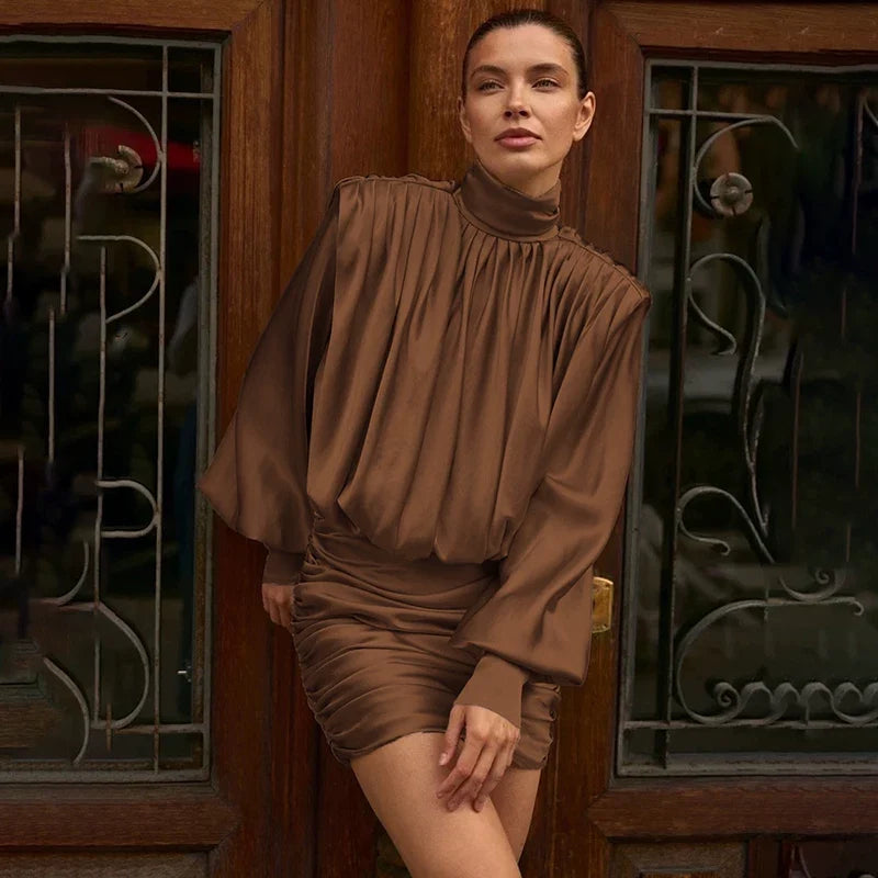 Wcoumq | French Retro Long-Sleeve Dress with Draped Pleats and Stand-Up Collar for Autumn