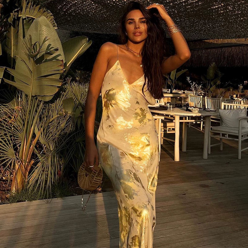 Wcoumq | Backless V-Neck Suspender Knee-Length Dress with High-Waist and Irregular Printed Design