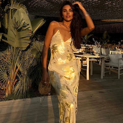 Wcoumq | Backless V-Neck Suspender Knee-Length Dress with High-Waist and Irregular Printed Design