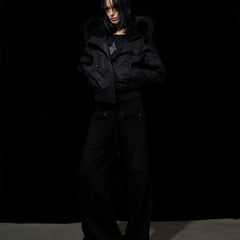 Wcoumq | Slim Fit Hooded Black Flight Jacket with Raccoon Fur – Women’s N2B Cotton Bomber for Fall & Winter