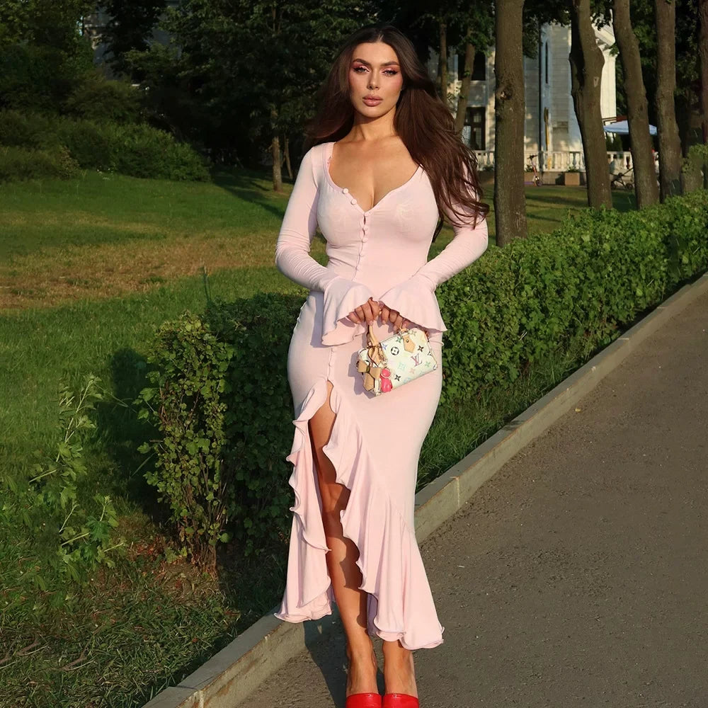 Wcoumq | Long-Sleeve Slim Dress with Ruffled Cuffs and Side Slits for Spring and Autumn